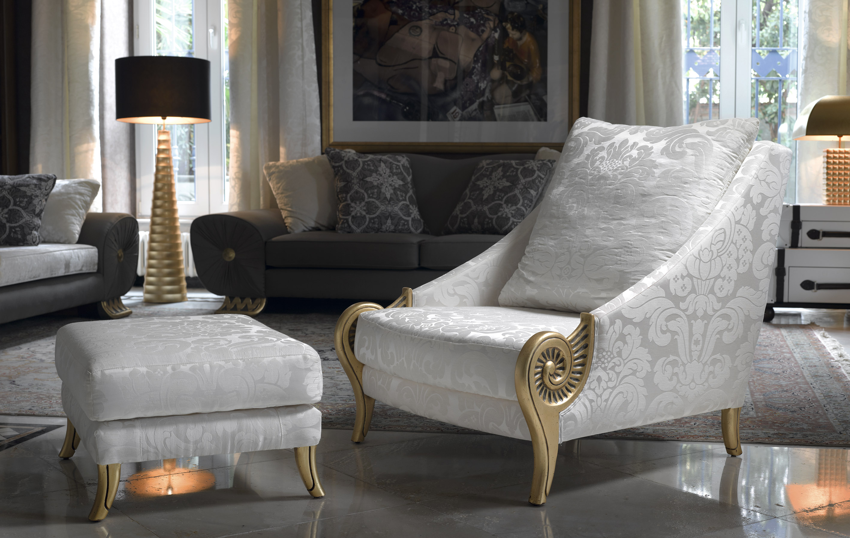 luxury white armchair, luxury white and gold armchair